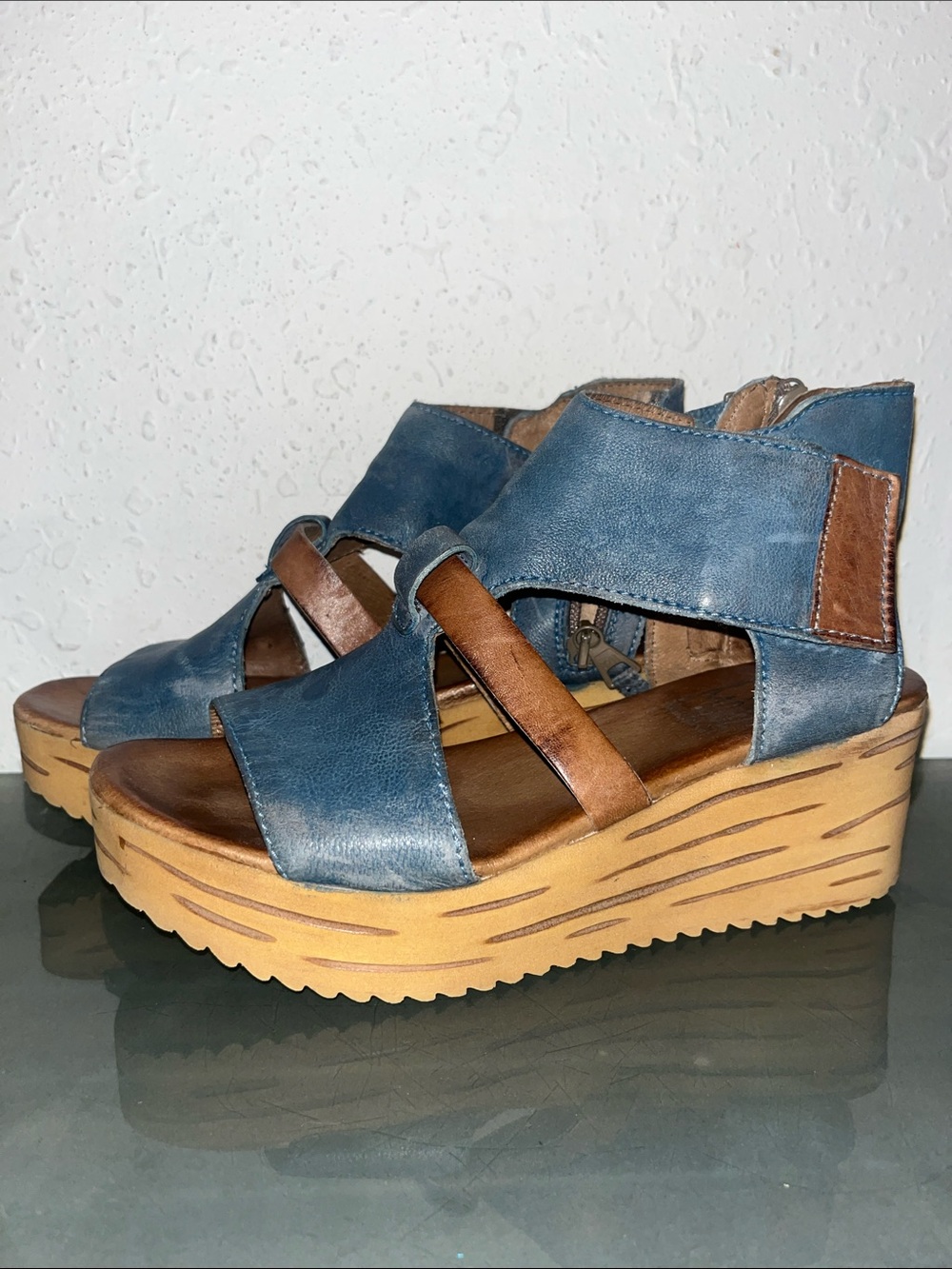 Miz Mooz Amia wedge blue/tan leather crossover  2.5-inch platform sandals